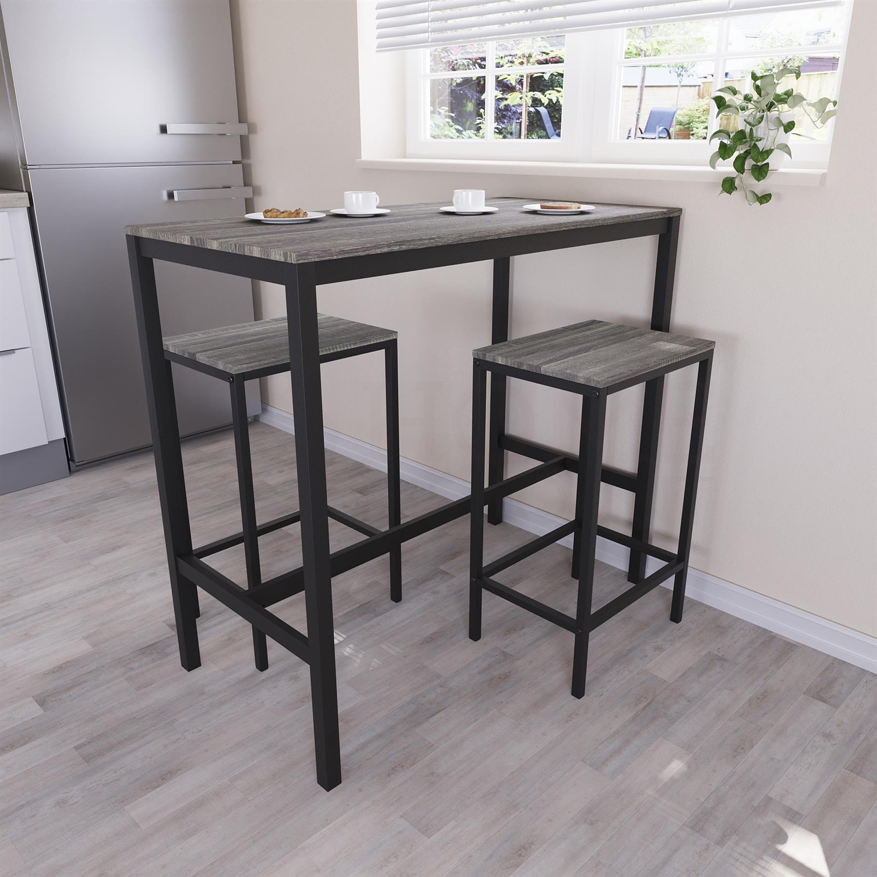 Wooden Bar Table & Stool Set 2 Seater Chair Industrial Kitchen Dining Room - Picture 33 of 37