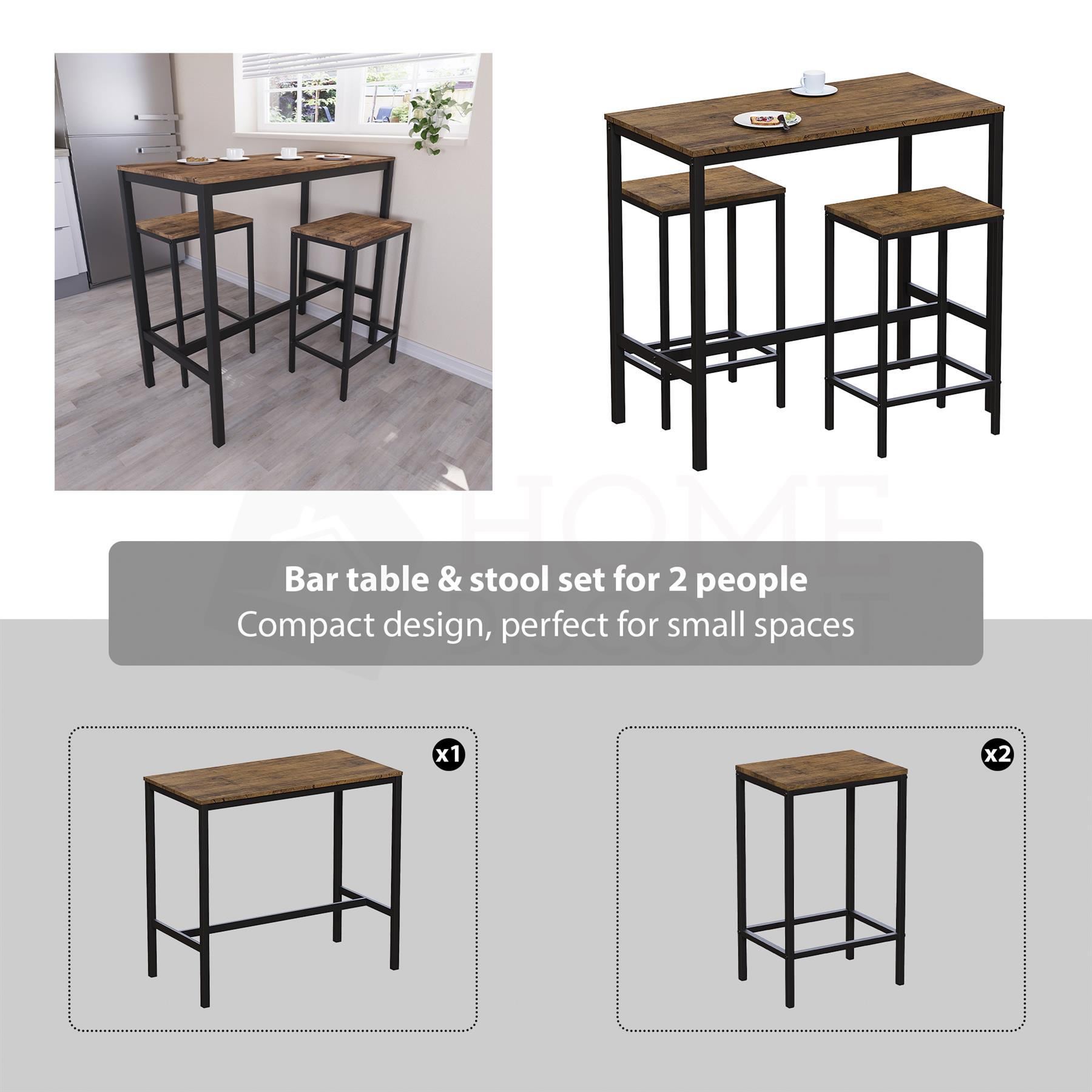 Wooden Bar Table & Stool Set 2 Seater Chair Industrial Kitchen Dining Room - Picture 28 of 37