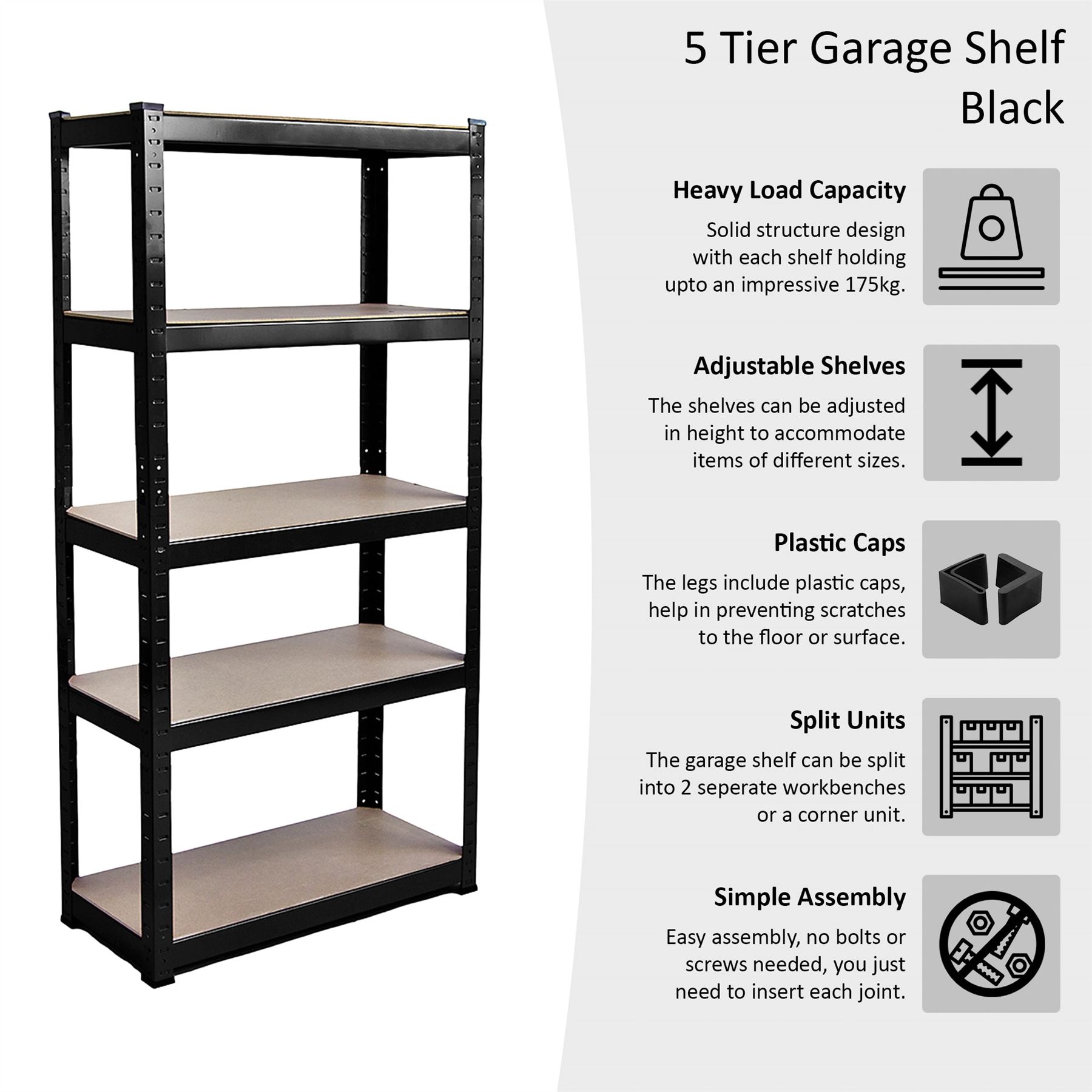 Heavy Duty Garage Shelving 5 Tier Racking Storage Garage Black - Picture 25 of 28