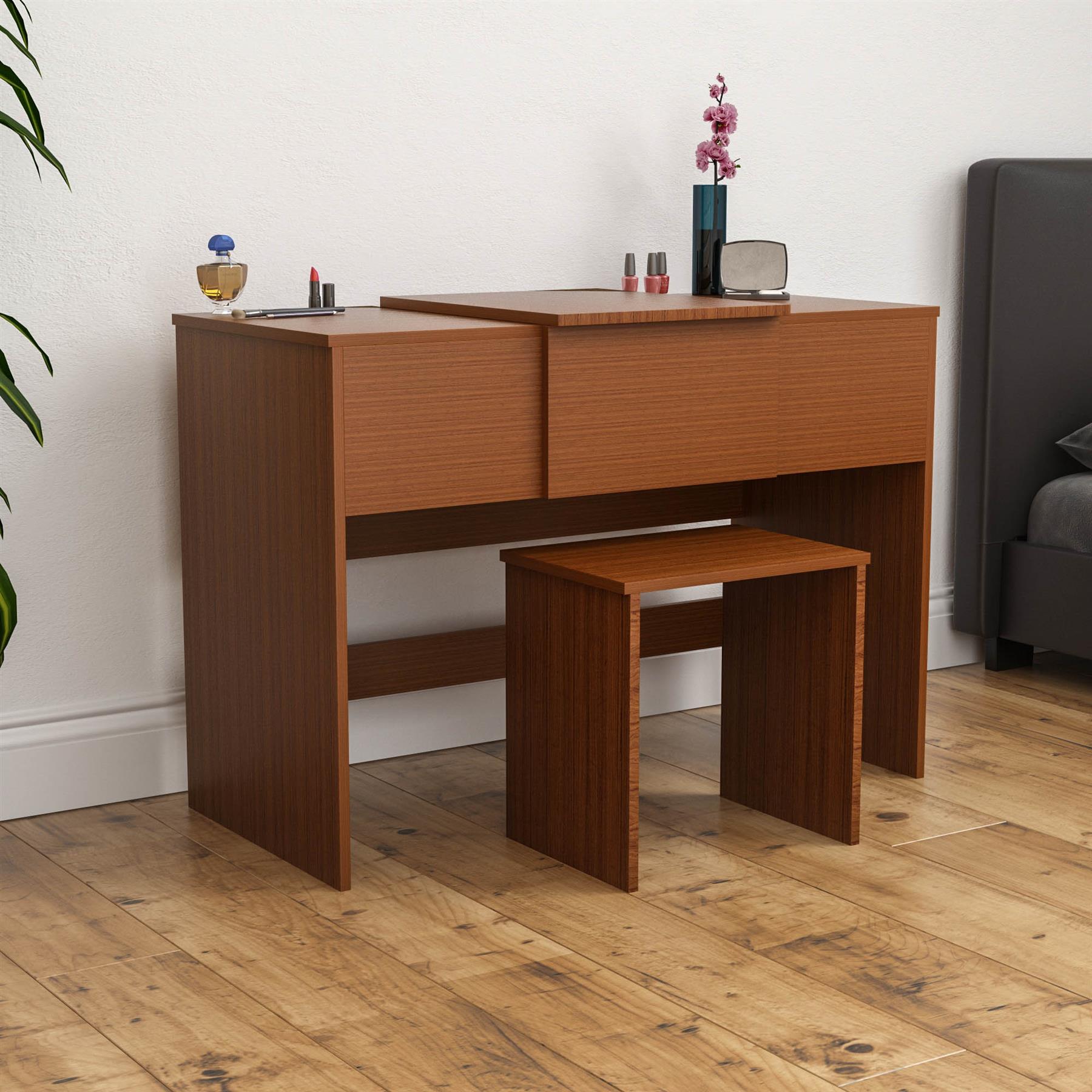 Dressing Table & Stool Set Mirror Cabinet 3 Drawers Storage Cabinet Makeup Desk - Picture 17 of 107