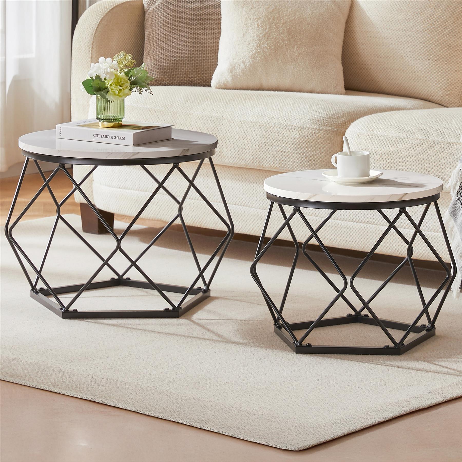 maxant Round Nesting Tables, Coffee Table Set of 2, Removable End Table, Faux Marble Stacking Sofa with Metal Frame, Vintage Wooden Stacking Space, for Living Room/Bedroom, Rustic Brown 80cm + 60cm 23 Set of 2 3 Coffee Nesting Table Set Sofa Side End Table Industrial Living Room