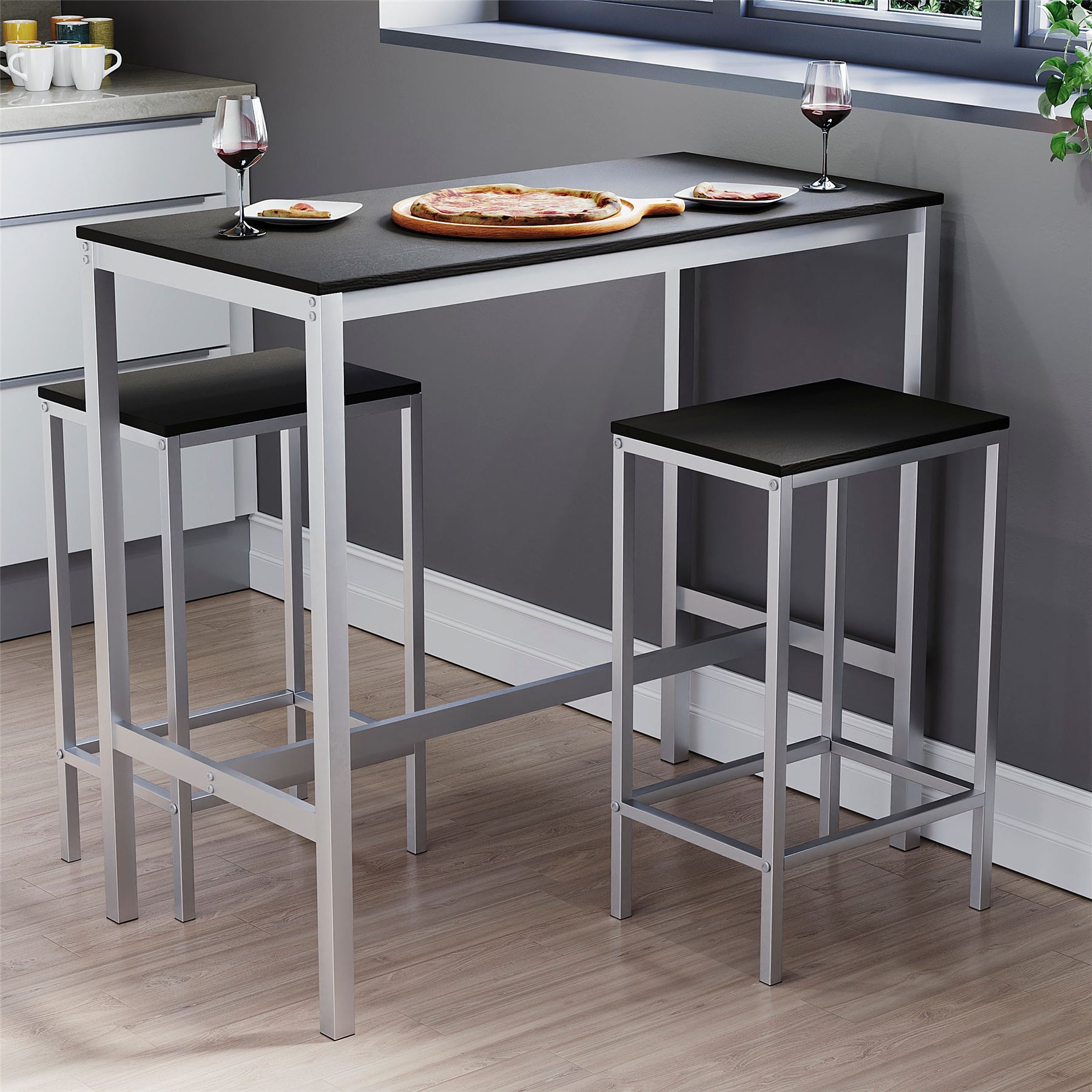 Wooden Bar Table & Stool Set 2 Seater Chair Industrial Kitchen Dining Room - Picture 2 of 37