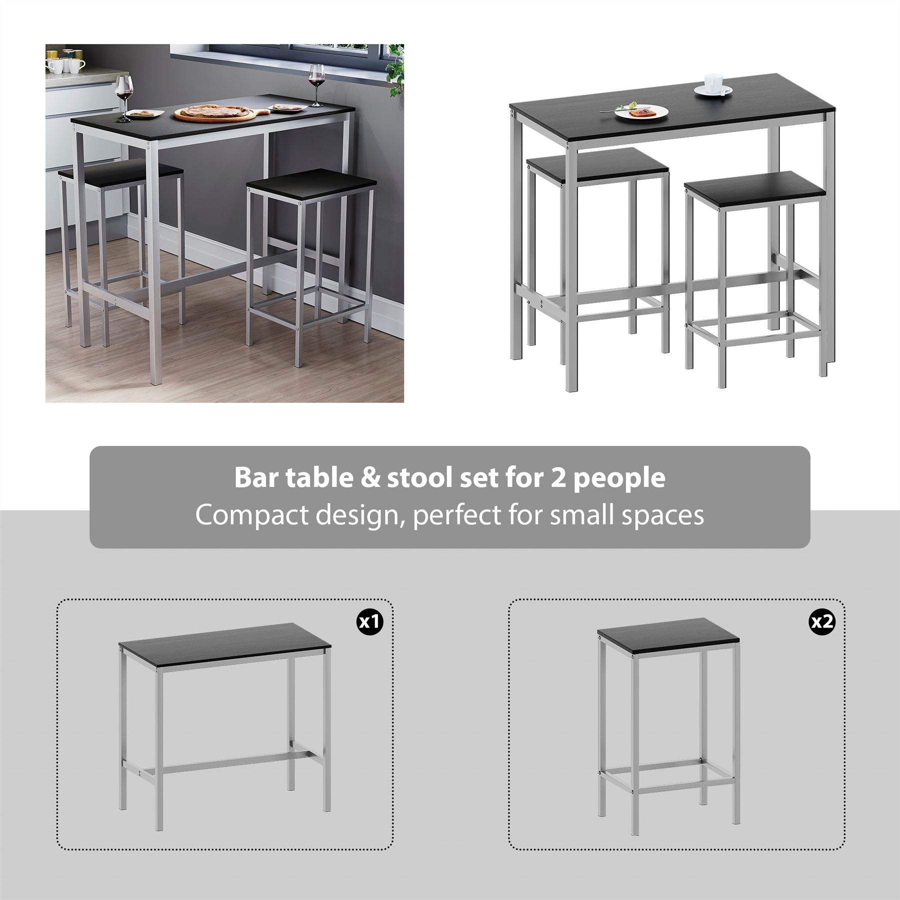 Wooden Bar Table & Stool Set 2 Seater Chair Industrial Kitchen Dining Room - Picture 4 of 37