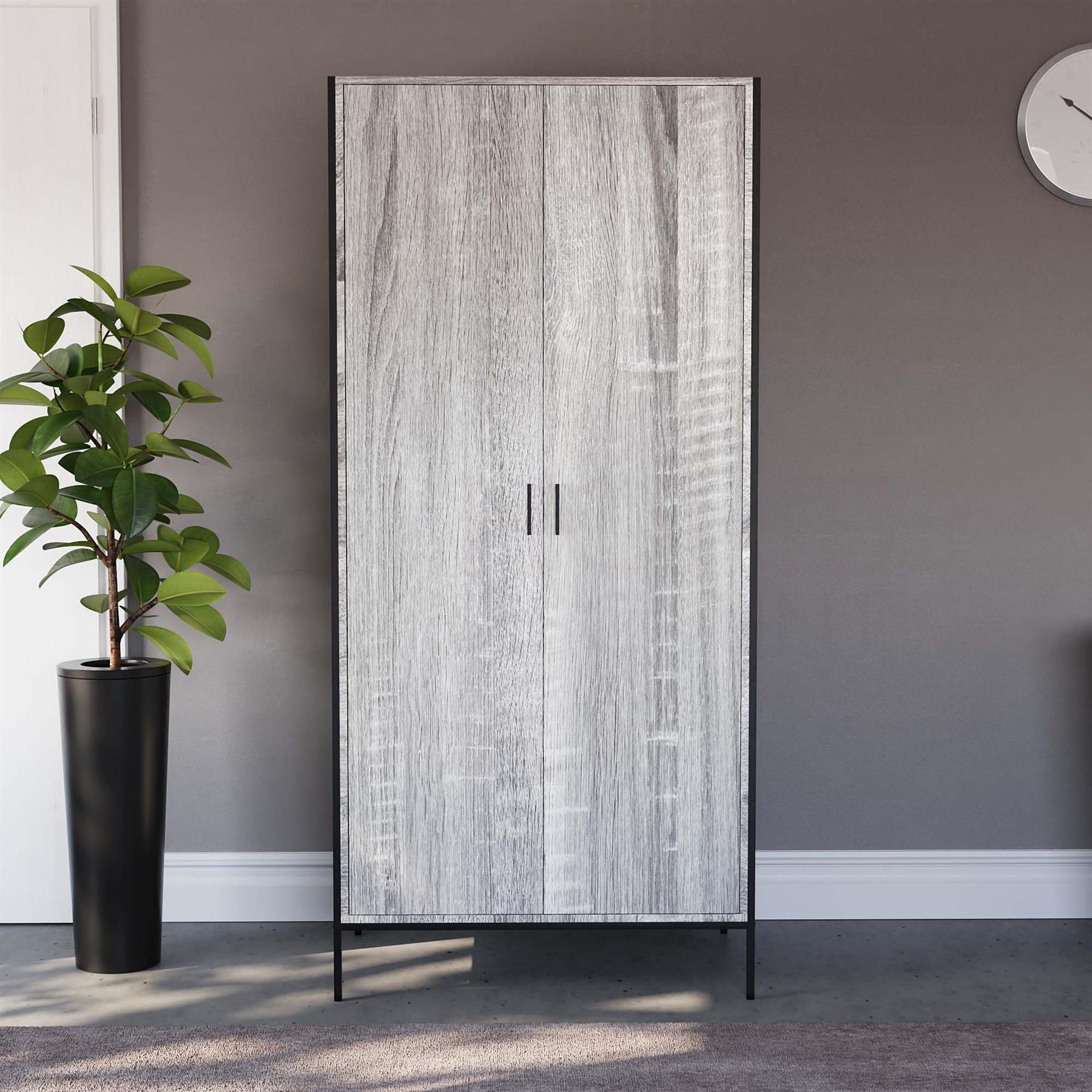 Industrial Wooden Wardrobe With Hanging Rail Shelf Clothes Storage Organiser - Picture 11 of 13
