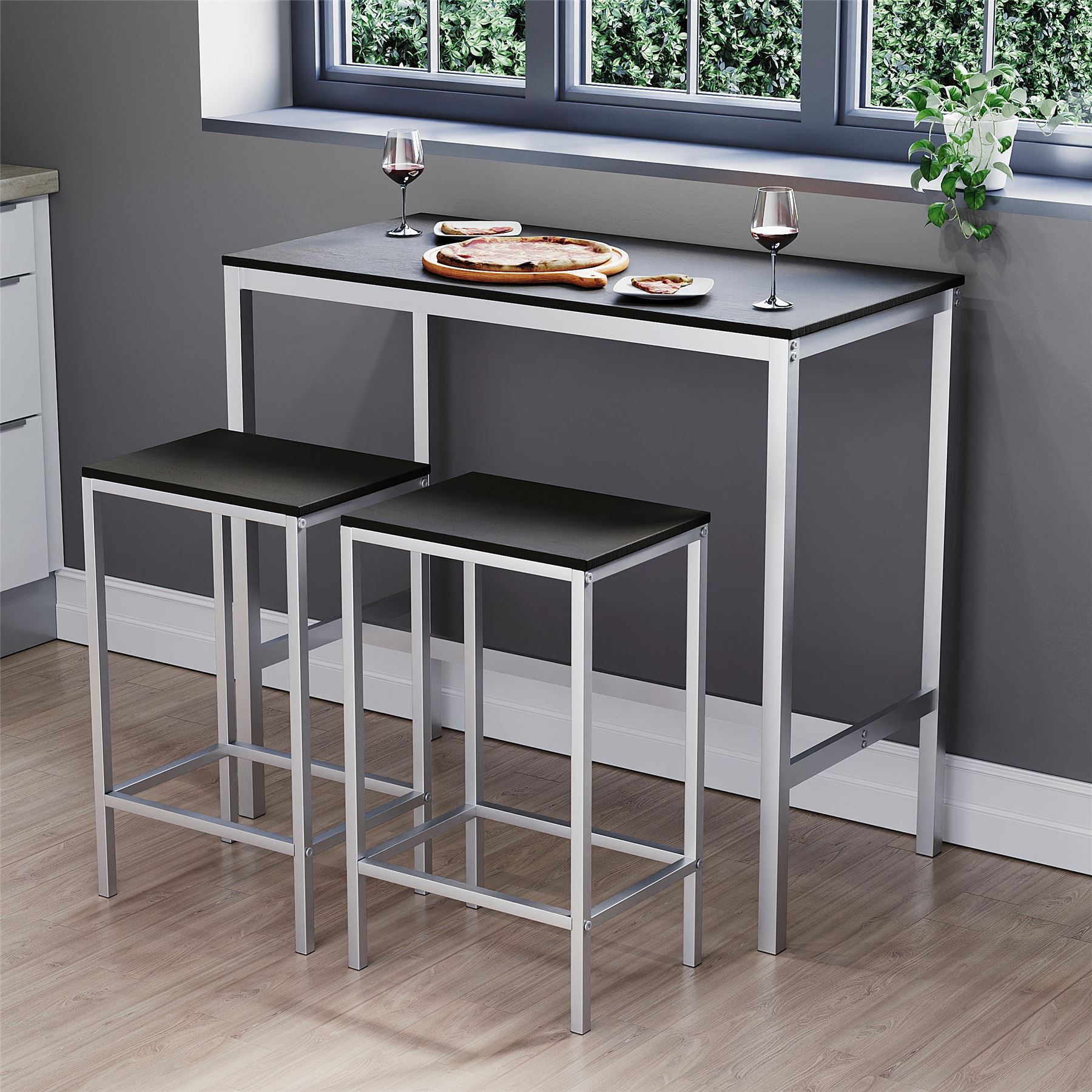 Wooden Bar Table & Stool Set 2 Seater Chair Industrial Kitchen Dining Room - Picture 5 of 37