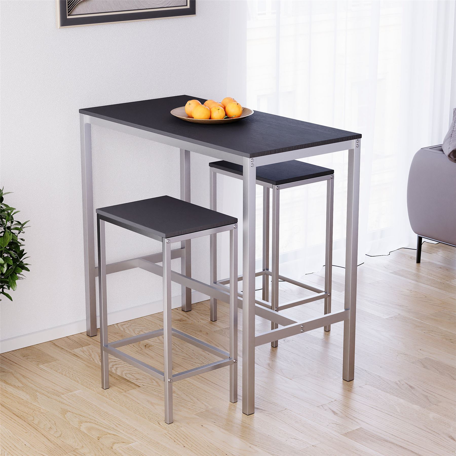 Wooden Bar Table & Stool Set 2 Seater Chair Industrial Kitchen Dining Room - Picture 8 of 37