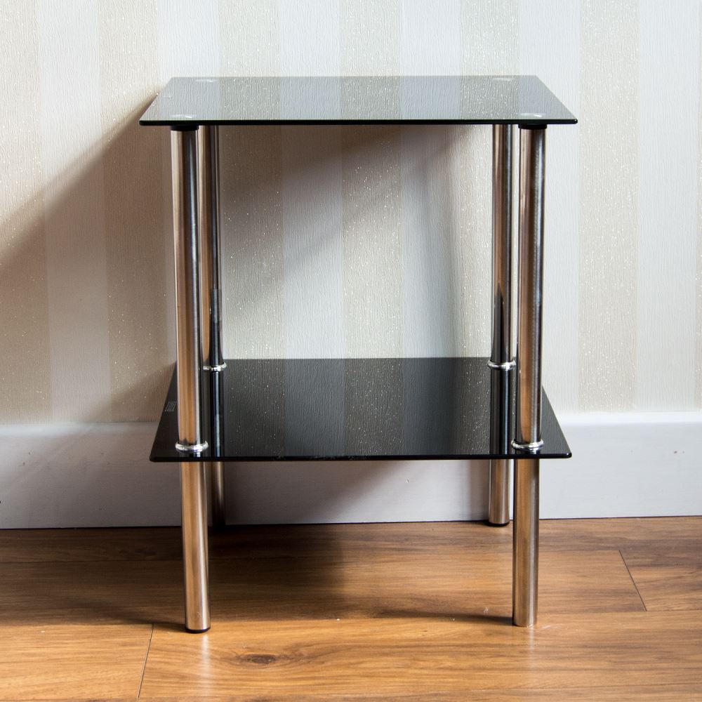 2 Tier Glass Shelf Unit Black Shelving Storage Square 