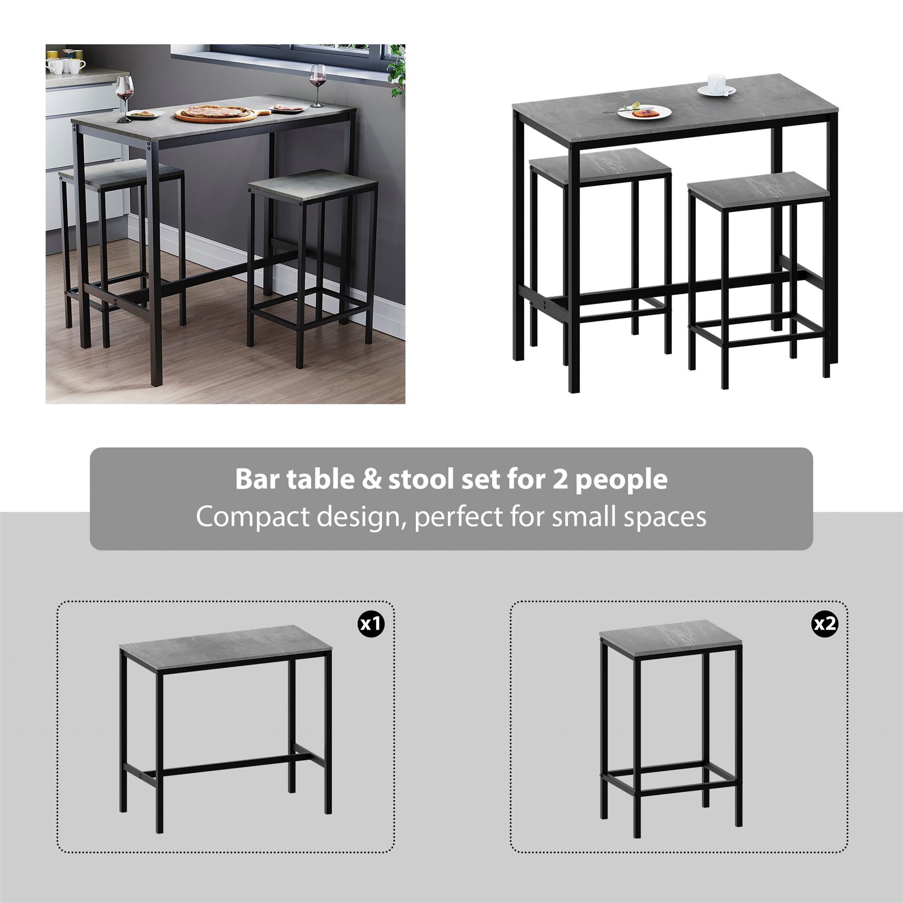 Wooden Bar Table & Stool Set 2 Seater Chair Industrial Kitchen Dining Room - Picture 13 of 37