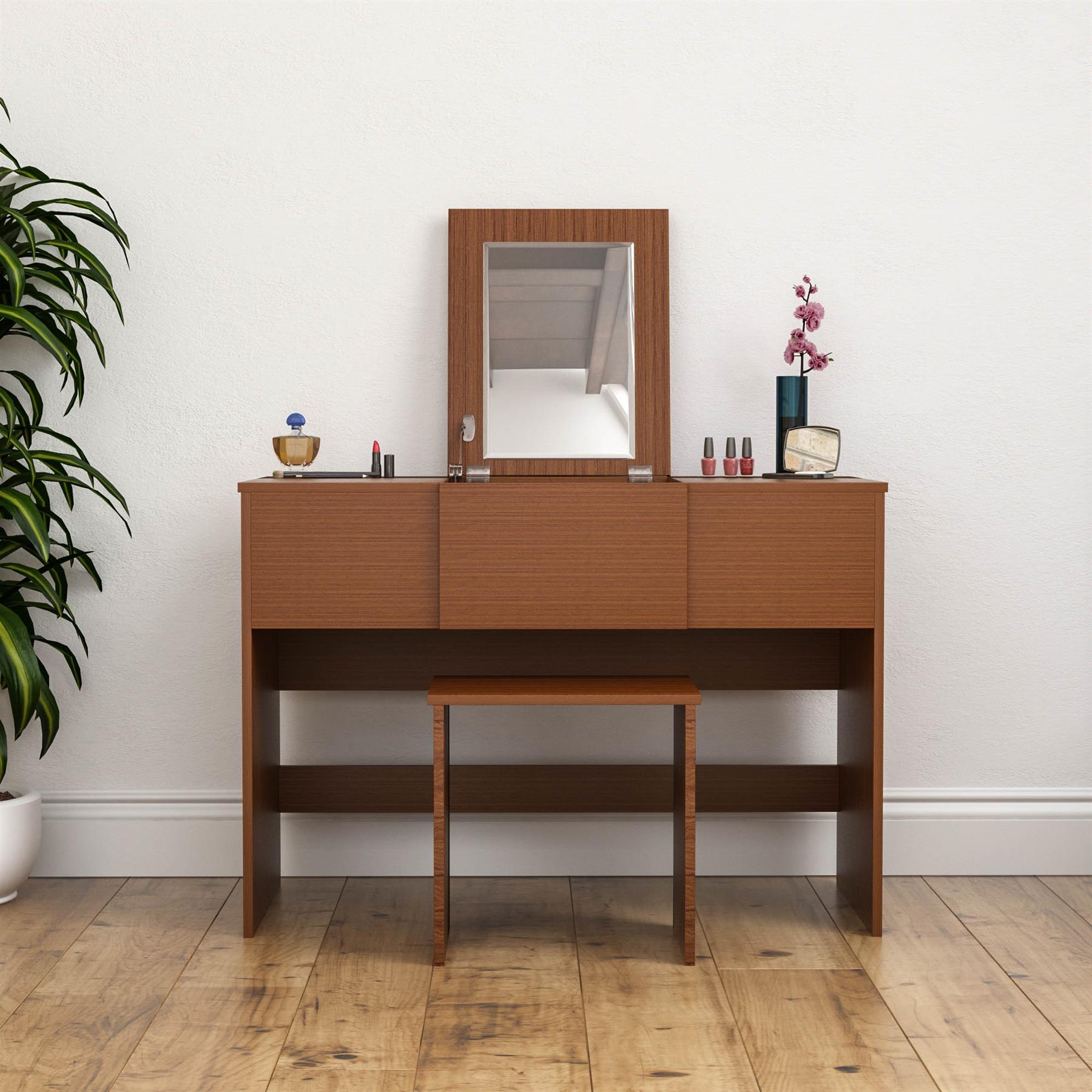 Dressing Table & Stool Set Mirror Cabinet 3 Drawers Storage Cabinet Makeup Desk - Picture 18 of 107