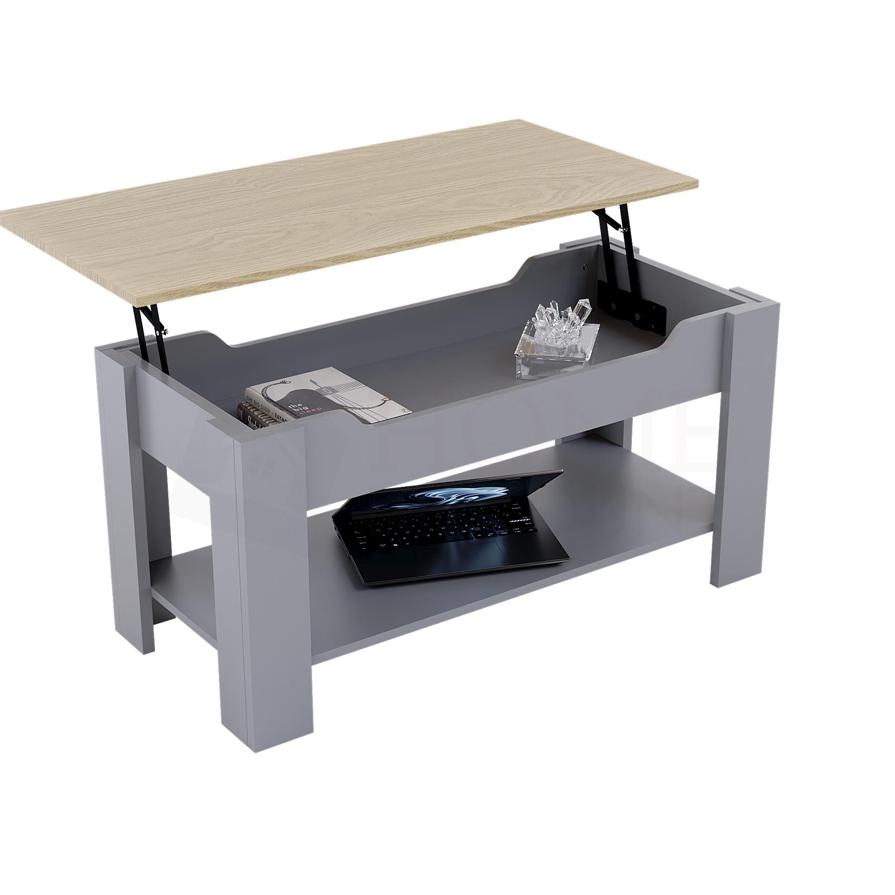 Holz Couchtisch Lift Up Stauraumplatte mit Ablage Wohnzimmer Möbel - Bild 25 von 43