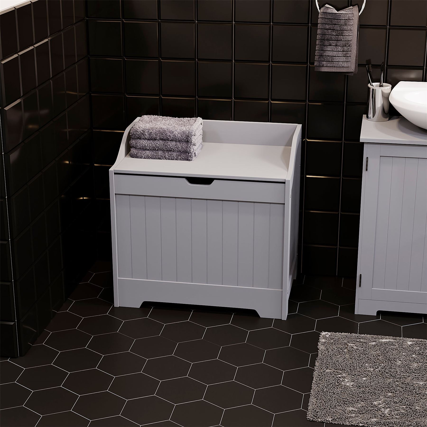 Bathroom Laundry Chest Storage Ottoman Hamper Cabinet Box MDF Wood Basket Bin - Picture 3 of 25