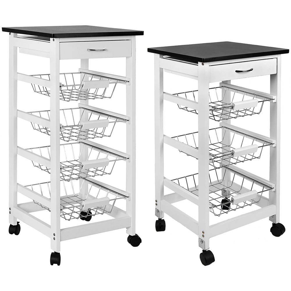 3 4 Tier Kitchen Trolley White Cart Basket Storage Drawer Wood Top Portable Ebay