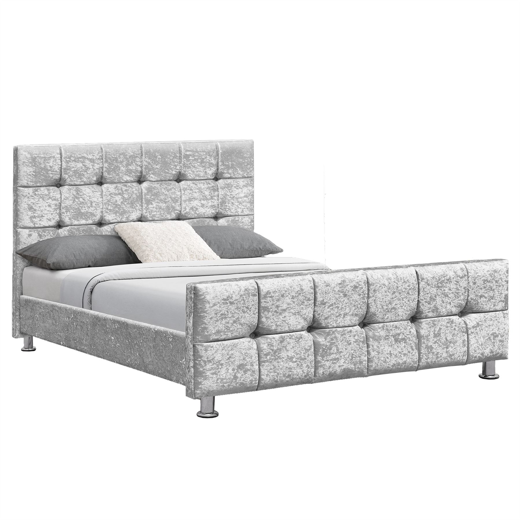 Fabric Double Bed Ottoman 4FT6 Upholstered Velvet Linen Modern Silver