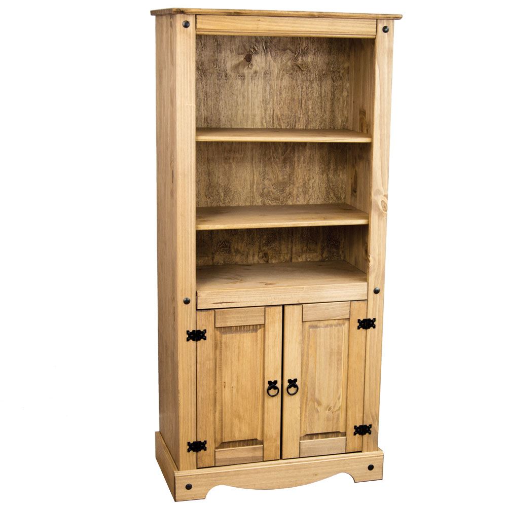 Corona 2 Door Bookcase Display Unit Mexican Solid Pine Wood Waxed