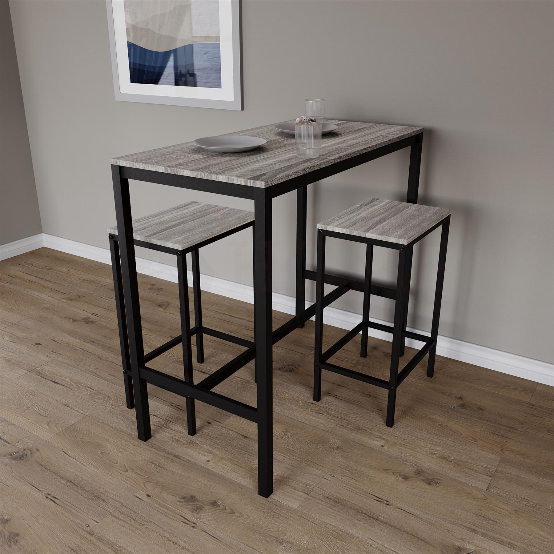 Wooden Bar Table & Stool Set 2 Seater Chair Industrial Kitchen Dining Room - Picture 31 of 37