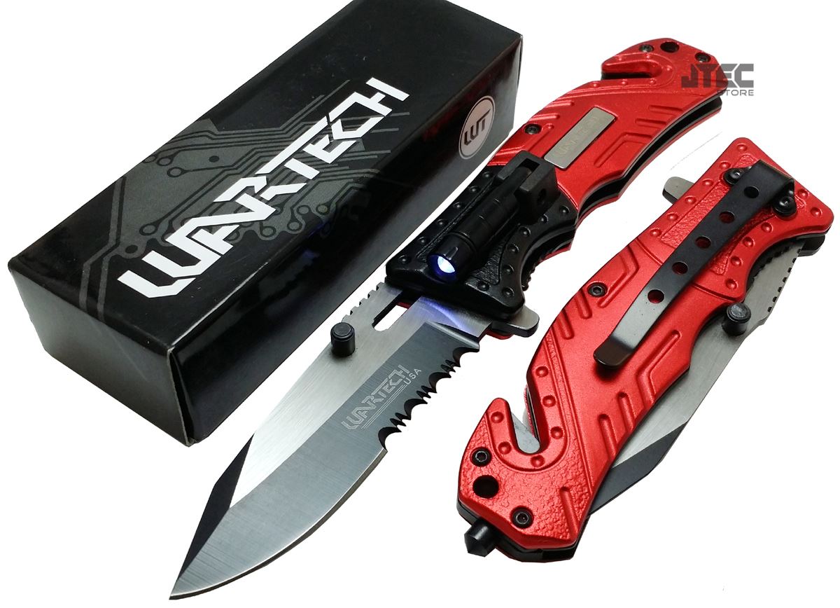 Wartech RED Spring Assisted LED Light Glass Breaker Folding Pocket