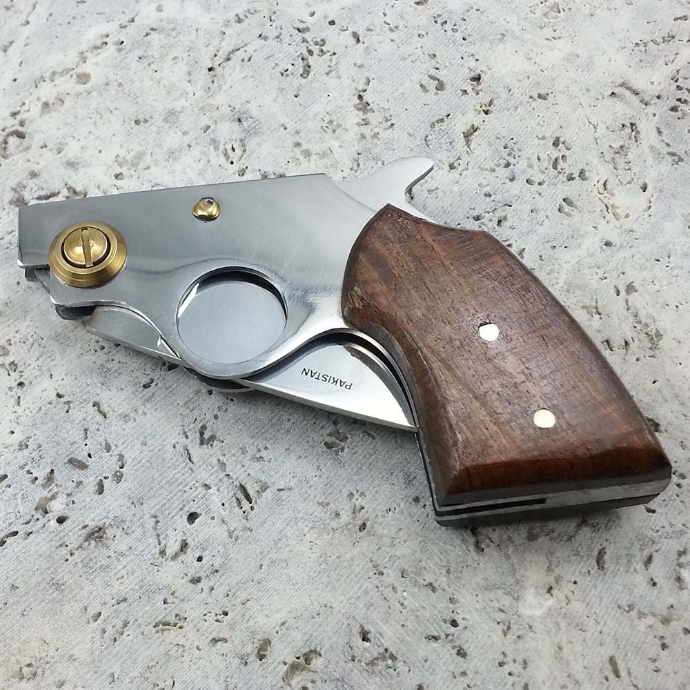 7" COWBOY PISTOL Brown Wooden Handle Folding Gun Knife With Leather