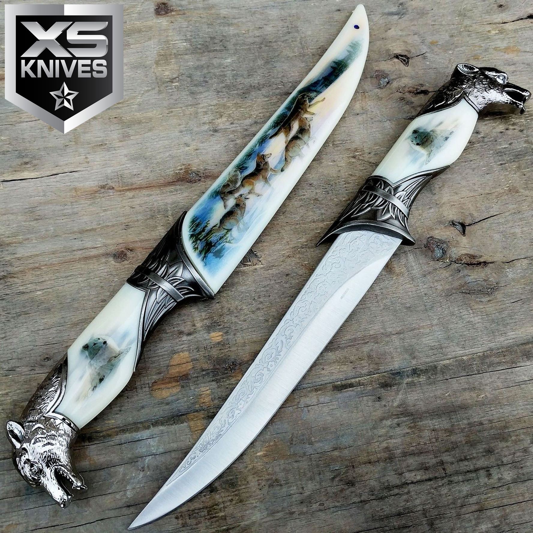13" Collectors Wolf Head Dagger Hunting Knife W/ Wolf Pack Printed Sheath