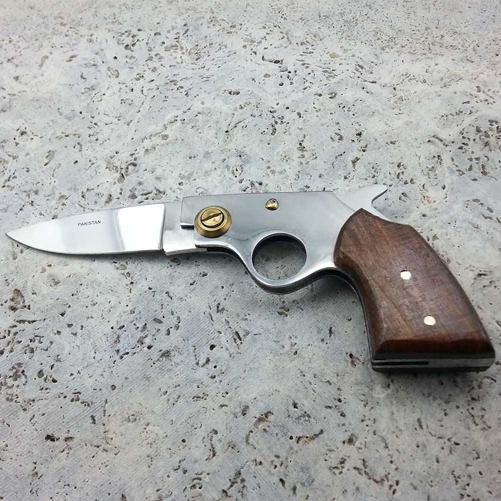 7" COWBOY PISTOL Brown Wooden Handle Folding Gun Knife With Leather