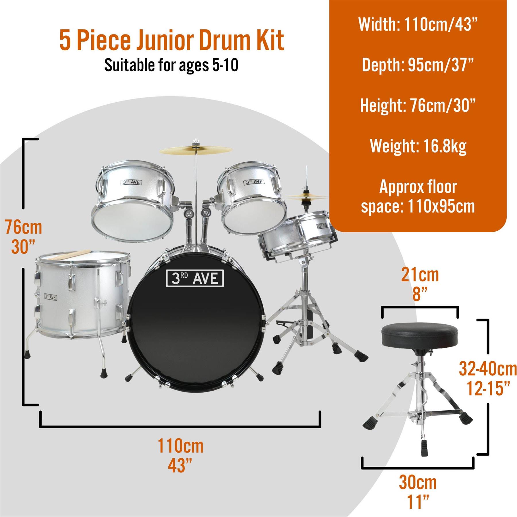 5 Piece Junior Drum Kit Drum Set for Kids with Sticks, Stool - 3rd Avenue - Produktbild 1