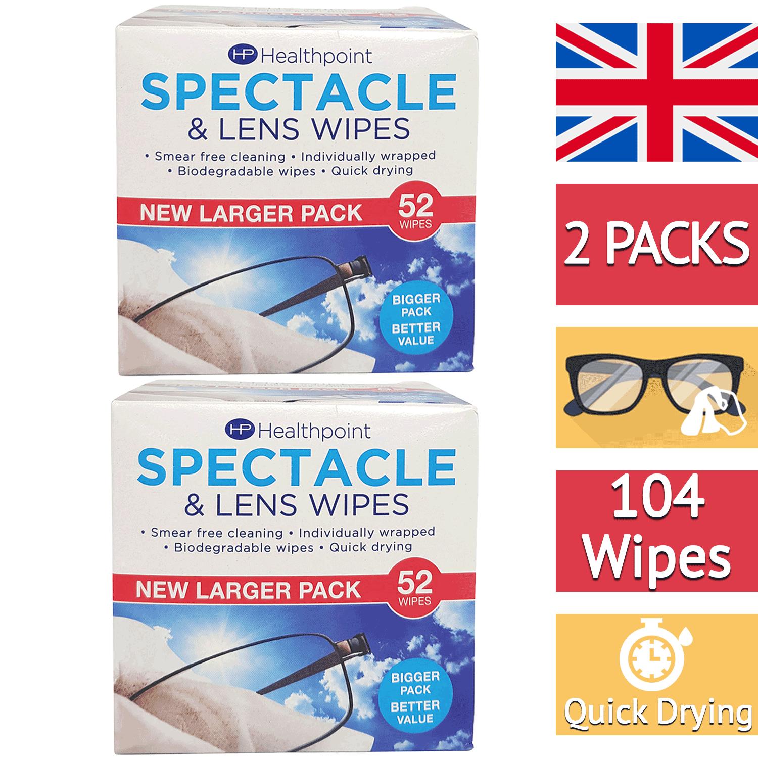 Healthpoint Spectacle Lens cleaning Wipes Glasses Sunglasses Smear Free