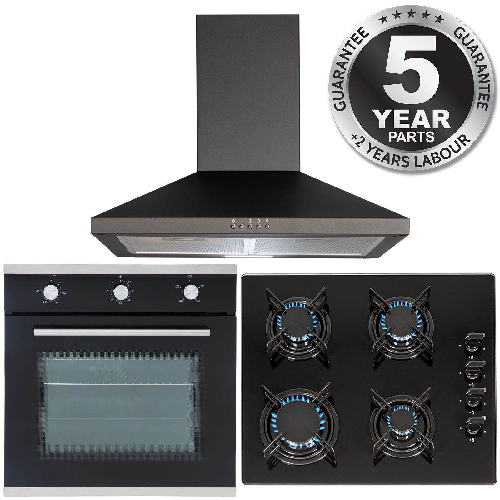 SIA 60cm Black Built In Electric Single Fan Oven, 4 Burner Gas Hob