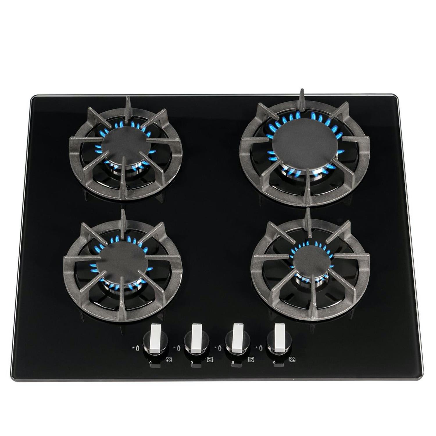 SIA R7 60cm Black 4 Burner Gas On Glass Kitchen Hob With Cast Iron Pan