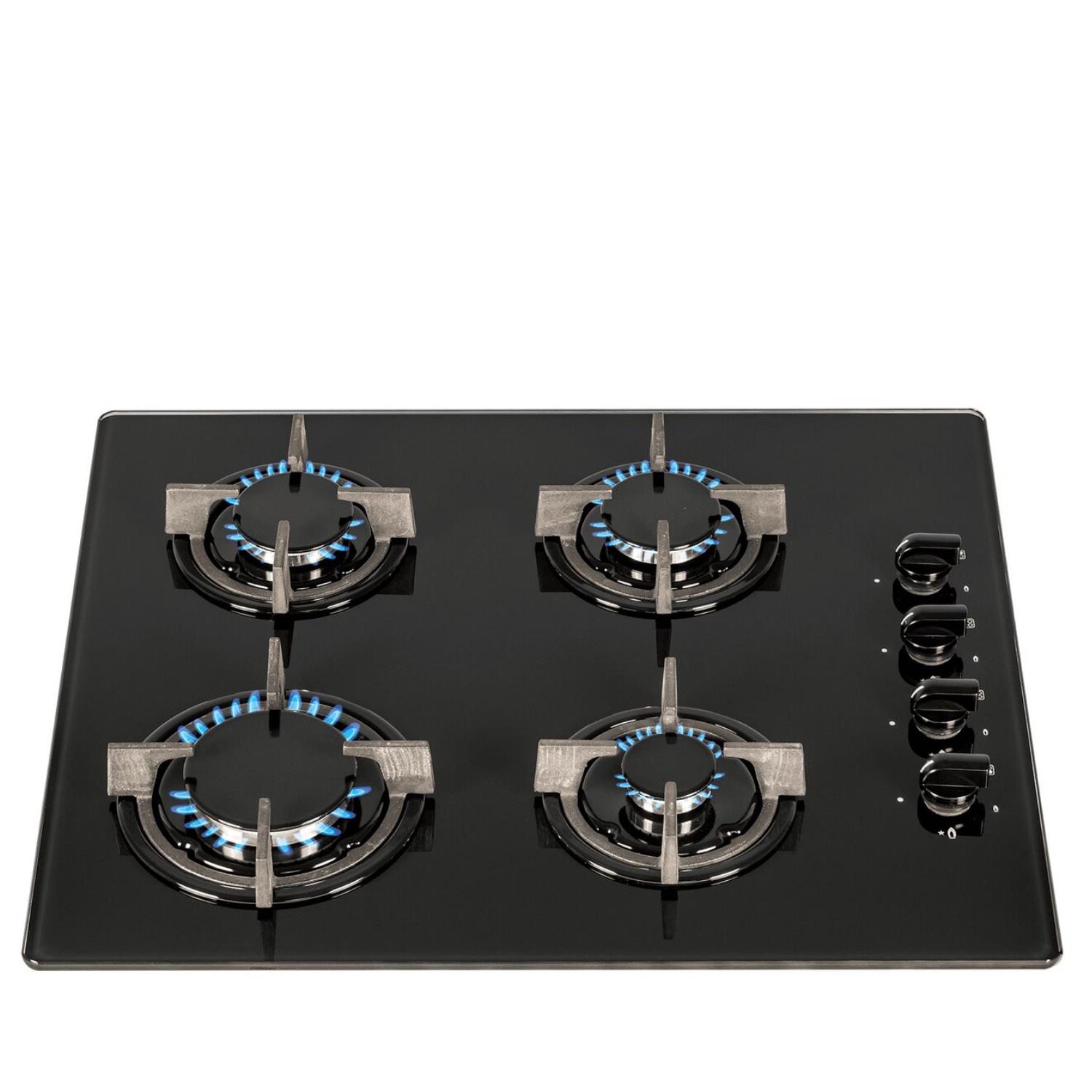 AMZGHG602BL 60cm 4 Burner Gas On Glass Hob In Black With Cast Iron Pan Stands