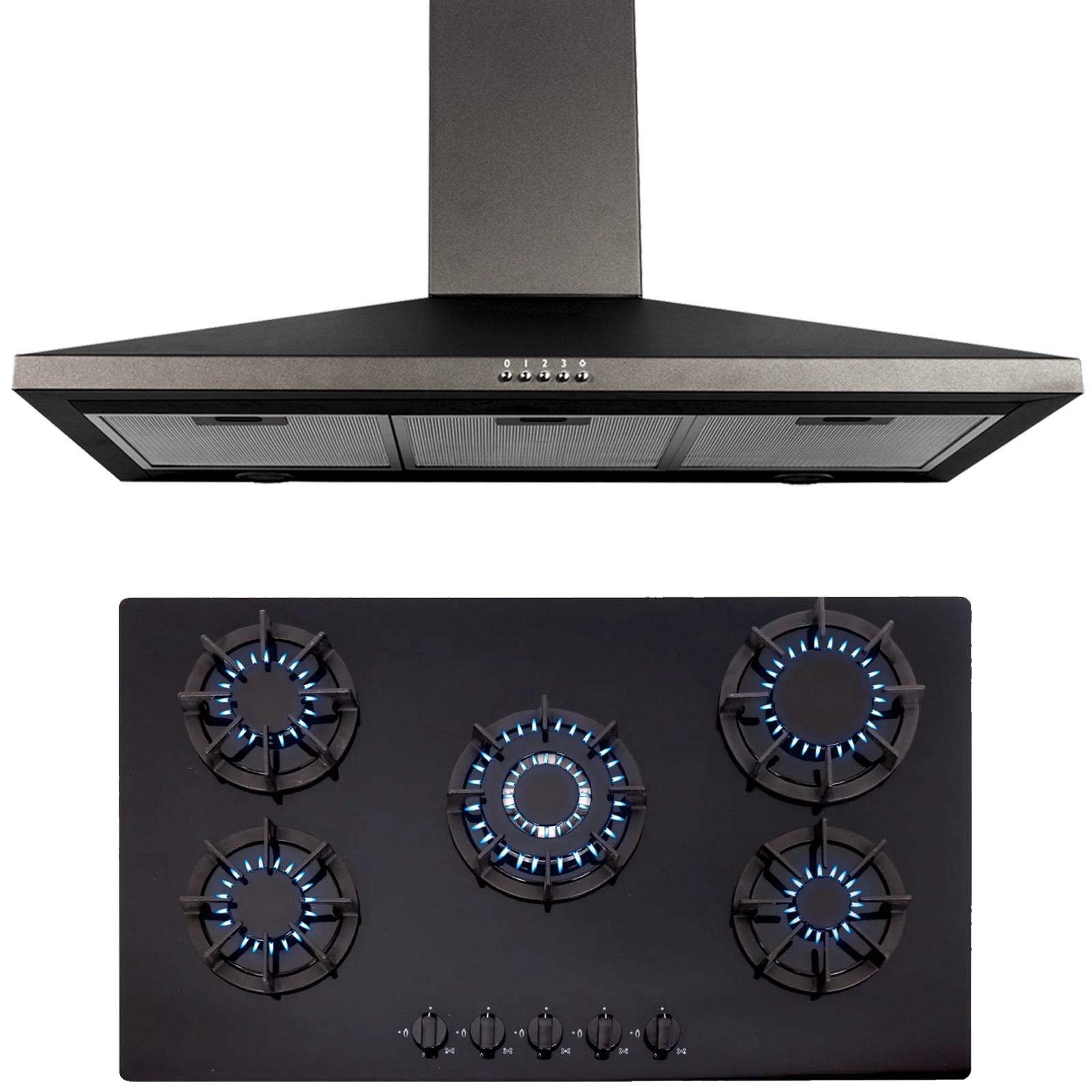 SIA 90cm Black 5 Burner Gas On Glass Hob And Chimney Cooker Hood
