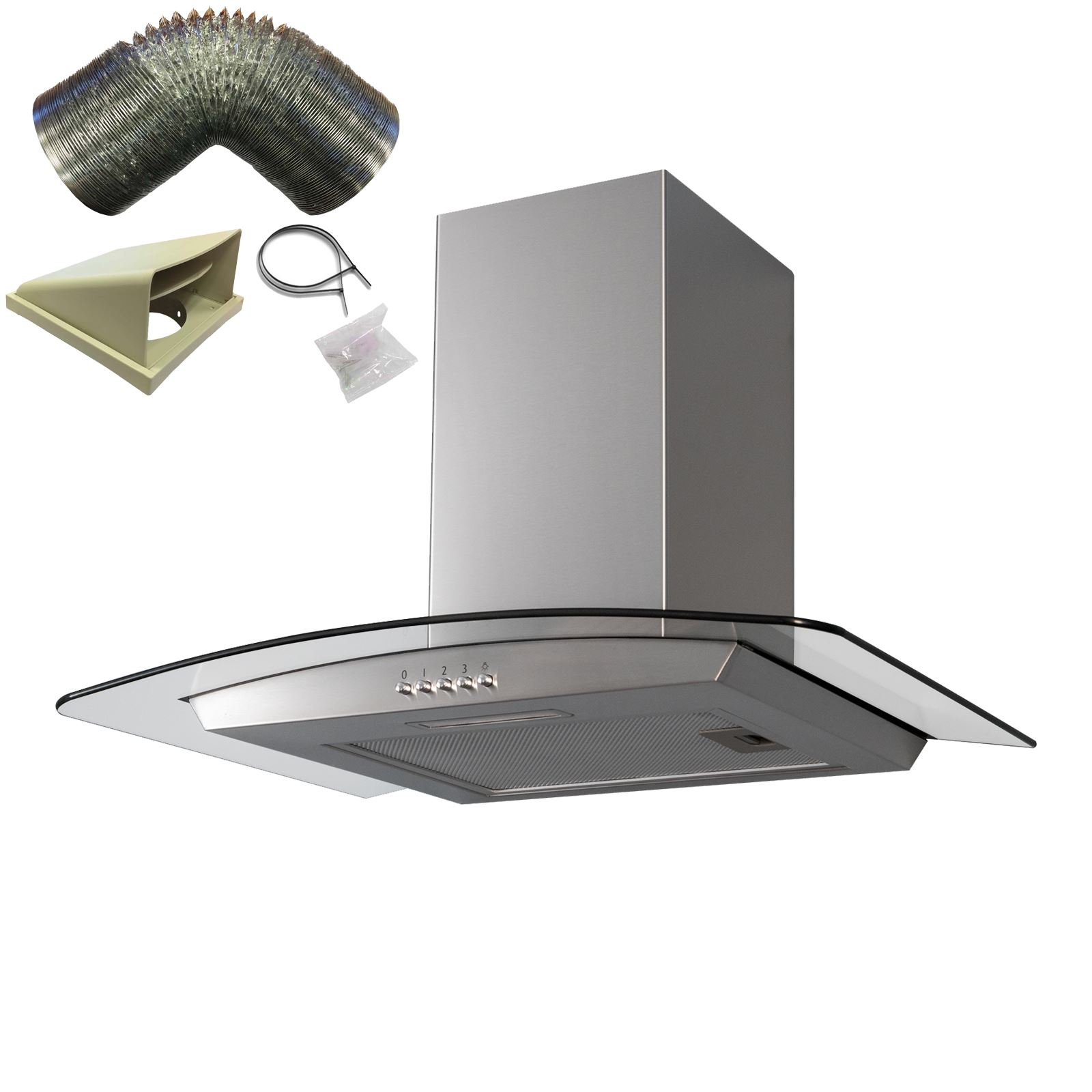 SIA 70cm Stainless Steel 3 Colour LED Curved Glass Cooker Hood /& 1m Ducting Kit