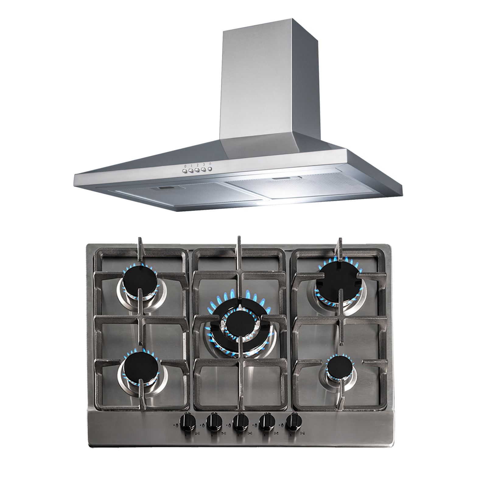 SIA 70cm Stainless Steel 5 Burner Gas Hob And Extractor Chimney Cooker