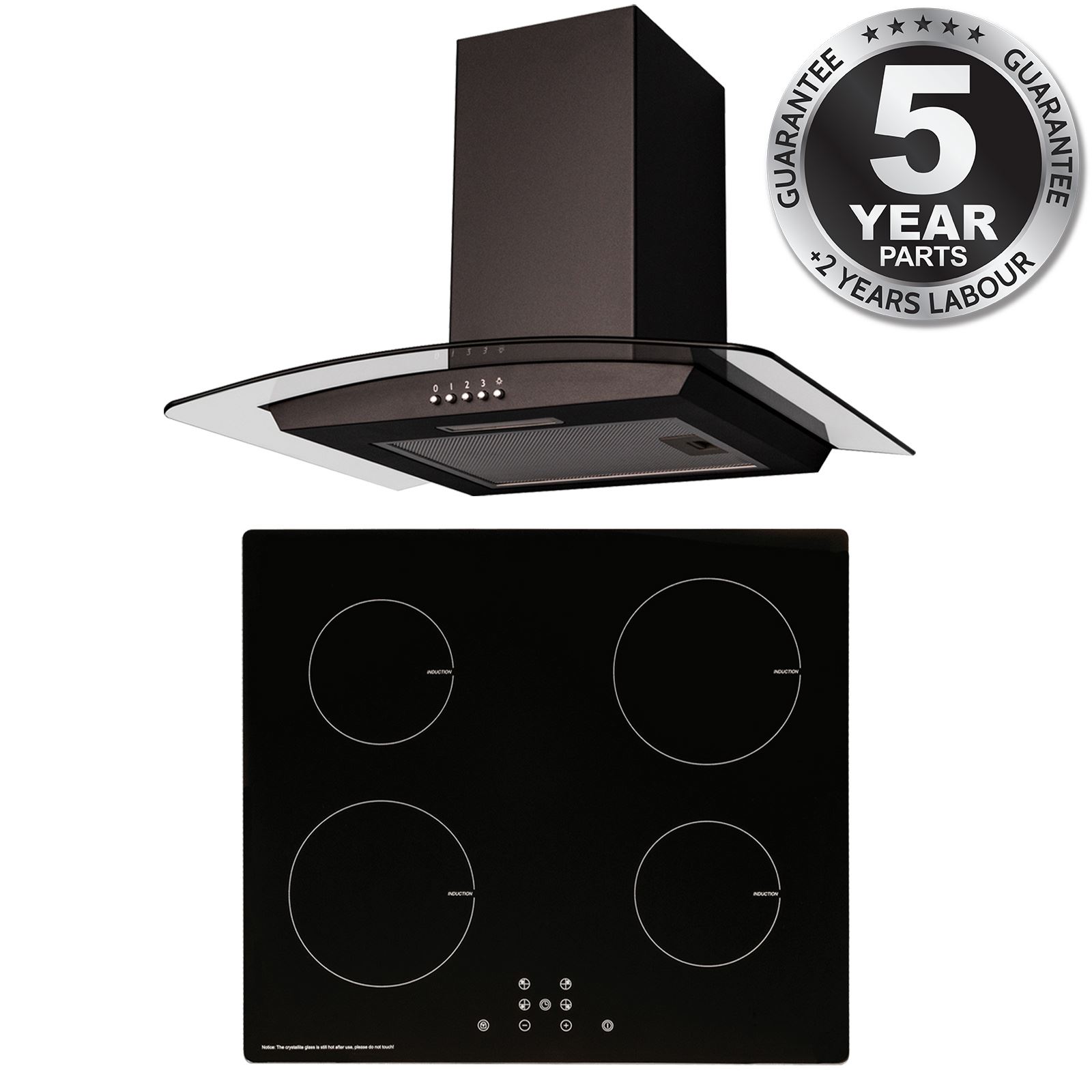 SIA 60cm Black 4 Zone Touch Control Induction Hob And Curved Hood