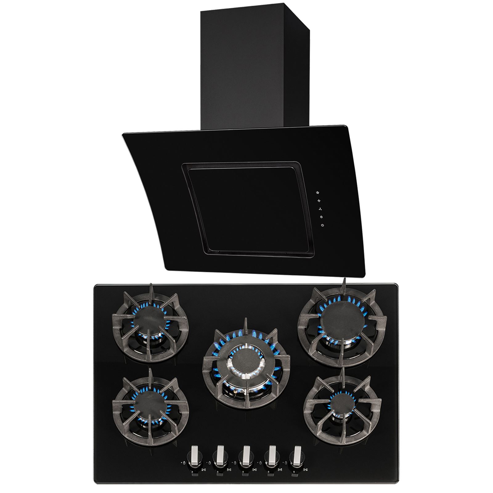 SIA 70cm Black 5 Burner Gas On Glass Hob & Angled Curved Glass Cooker