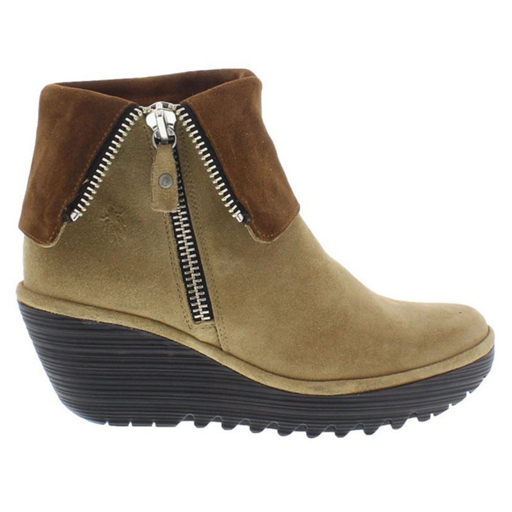 Fly London Yex 668 Oil Suede Wedge Camel Womens Boots | eBay