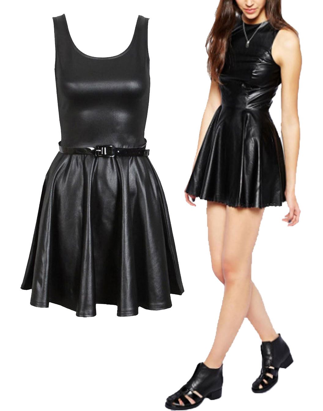 Women Stretch Flared Belt Skater WetLook PVC Dress Ladies Sleeveless Shiny Top - Picture 2 of 2
