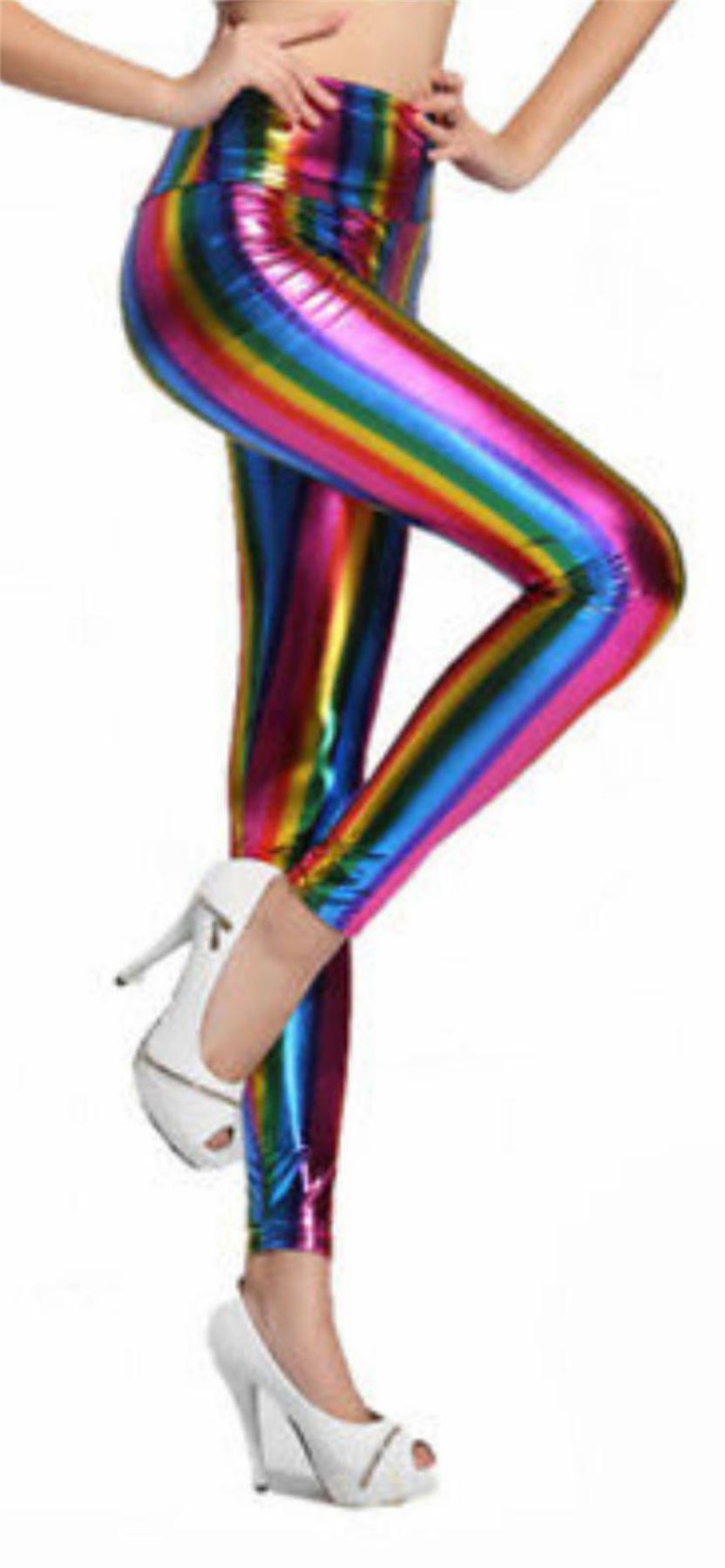 Ladies Metallic PVC High Waist Stretch Rainbow Shiny Retro Disco Leggings Pants