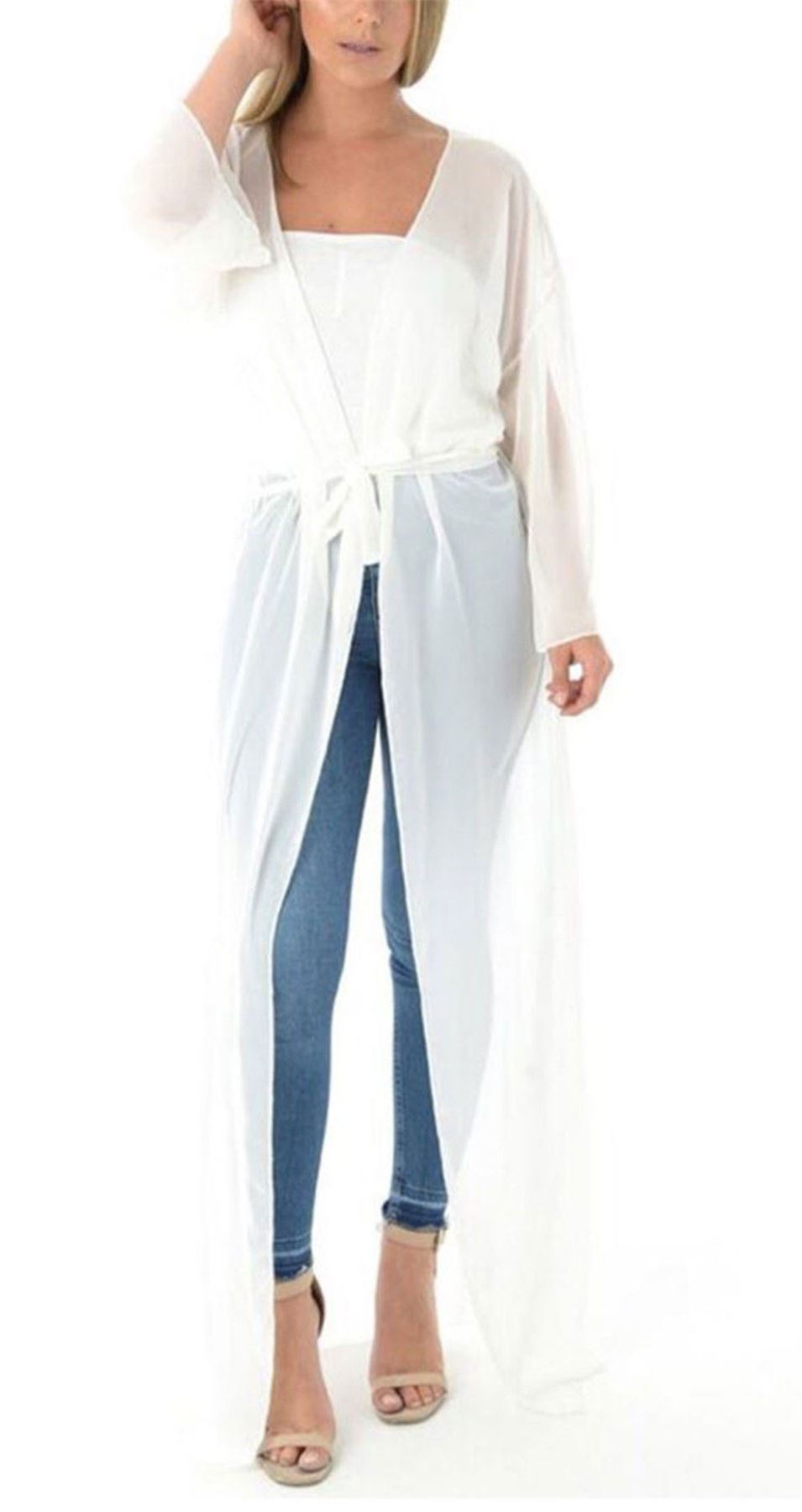 Ladies Sheer Mesh Belted Chiffon Kimono Maxi Womens Long Sleeve