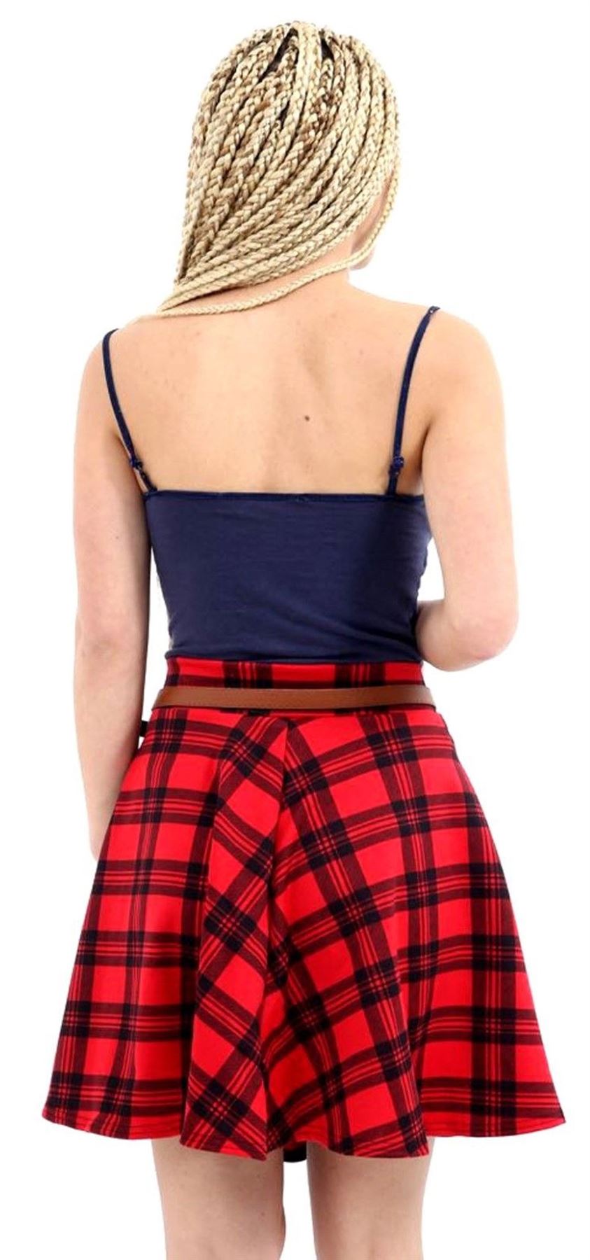 Womens Tartan Check Belted Skater Skirt Ladies Elasticated Waist Mini