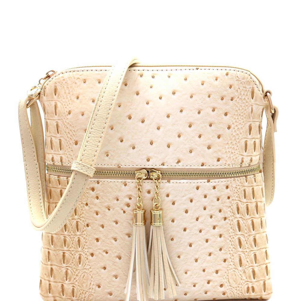 Ostrich PU Leather Embossed Tassel Accent Zipper Pocket Large Crossbody