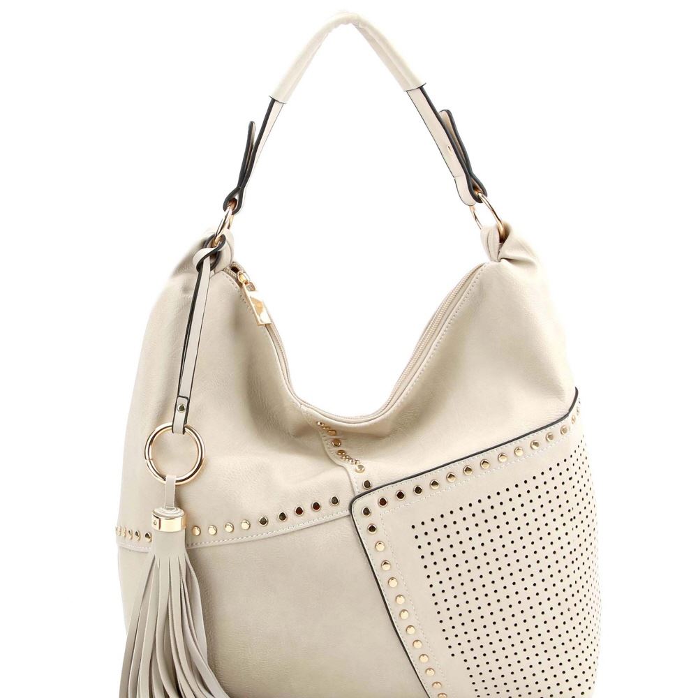 Tassel Accent Studded PU Leather LaserCut Detail Hobo Handbag eBay