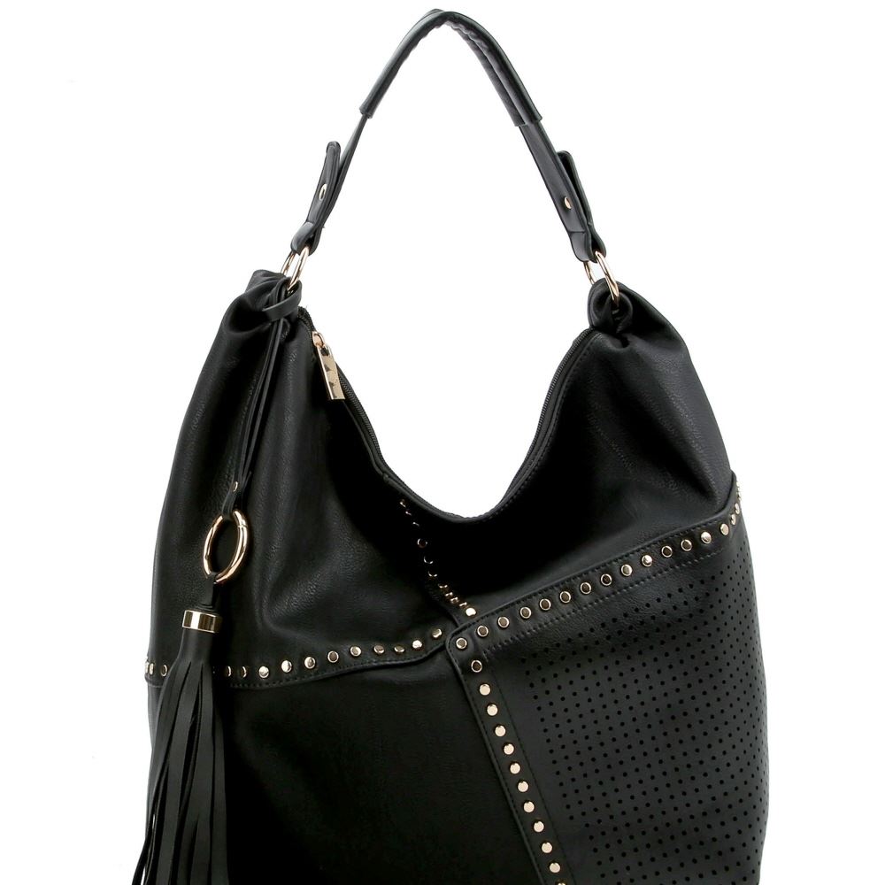 Tassel Accent Studded PU Leather LaserCut Detail Hobo Handbag eBay