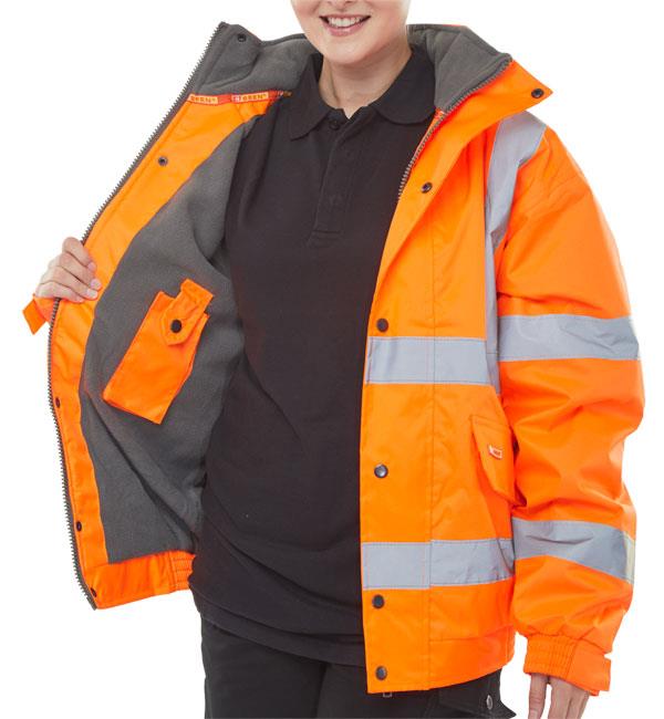 Hi Vis Bomber Jacket Unisex Fleece Line Warm Waterproof Safety Hooded Work Wear - Picture 8 of 8