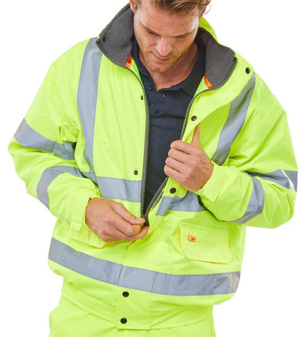 Hi Vis Bomber Jacket Unisex Fleece Line Warm Waterproof Safety Hooded Work Wear - Picture 3 of 8