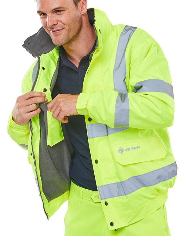 Hi Vis Bomber Jacket Unisex Fleece Line Warm Waterproof Safety Hooded Work Wear - Picture 4 of 8