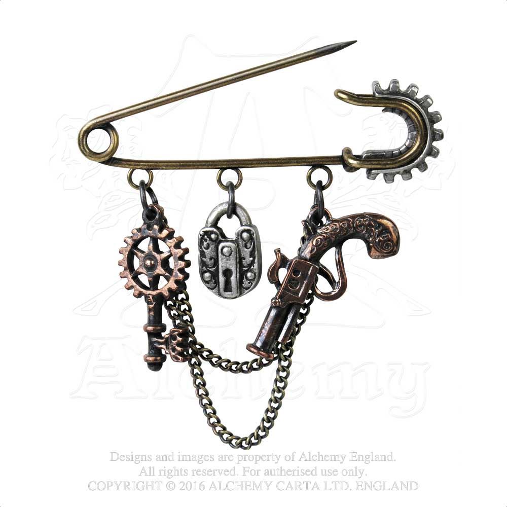 Alchemy Empire Steampunk Artificer/'s Pin Pewter Kilt//Safety Pin BRAND NEW