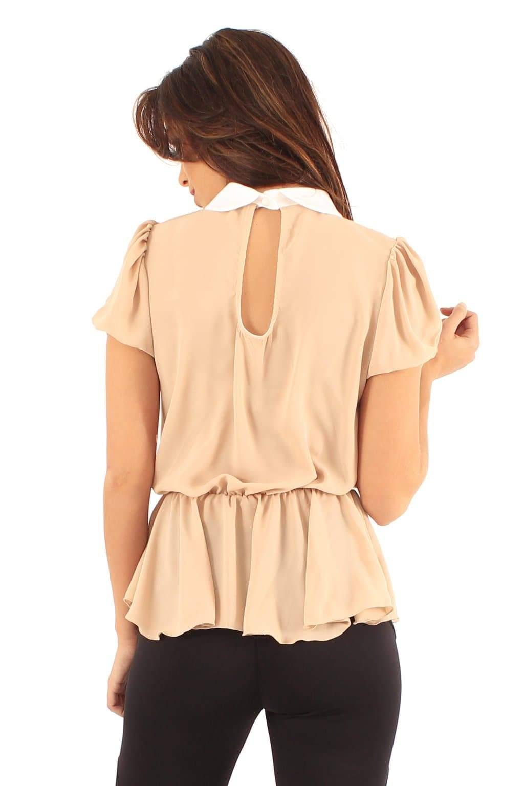 Mujeres Vestidos Manga Corta Cuello Peter Pan Peplum Damas Mini Vestido Blusa Prenda para el torso - Imagen 21 de 33