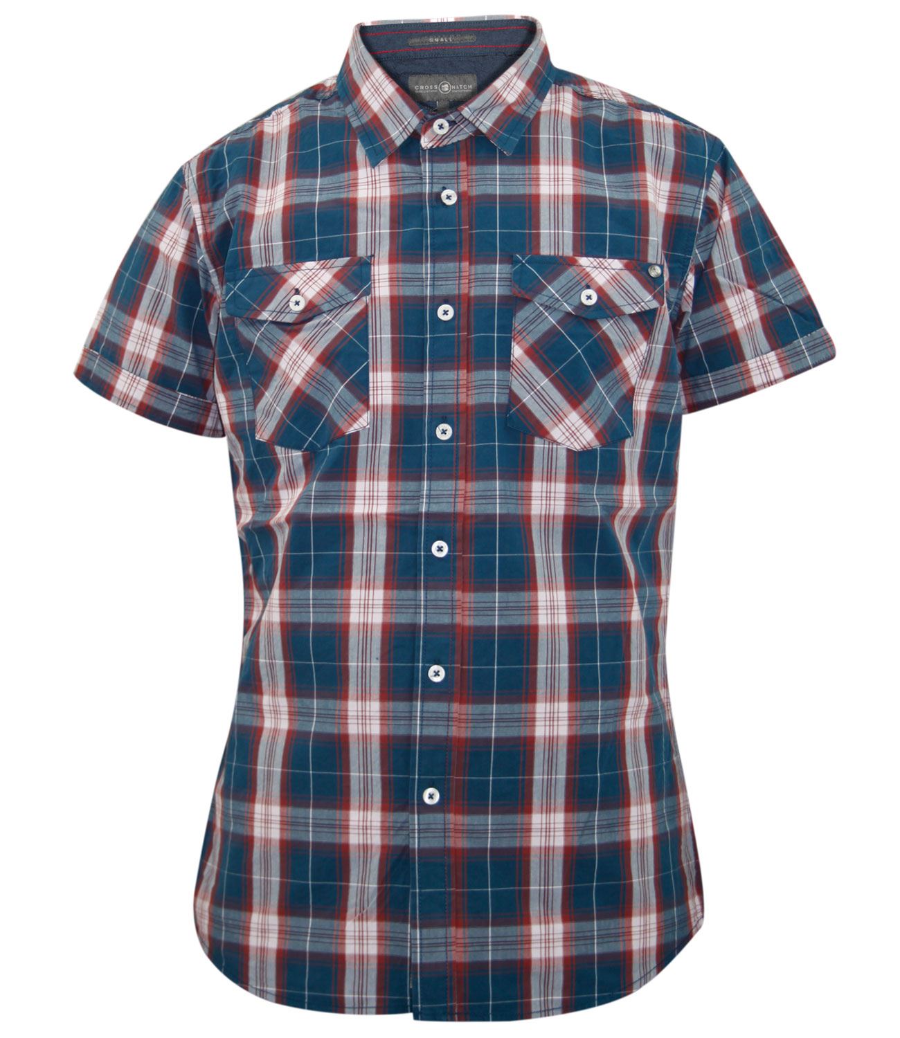 Mens Crosshatch Shirt Check Short Sleeve Collar Best Casual Cotton Top Size S-M