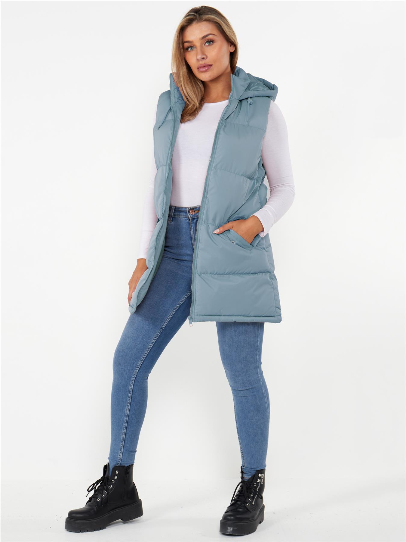 Ladies Hooded Puffer Gilet Jacket Long Line Womens Padded Top Winter Body Warmer - Picture 12 of 15