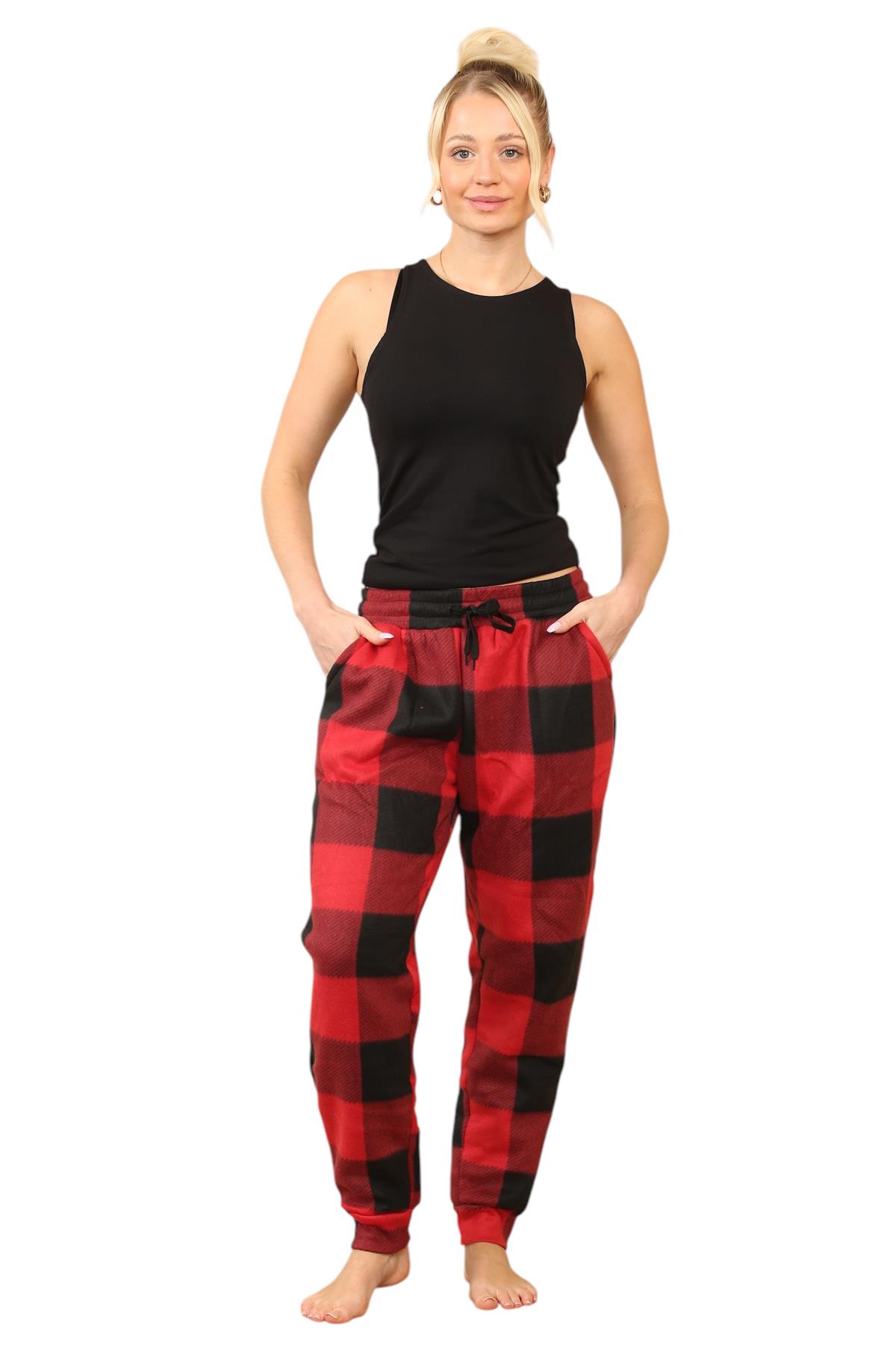 Pantalones de chándal para mujer de franela elásticos con cordón polar a cuadros PJ - Imagen 38 de 48