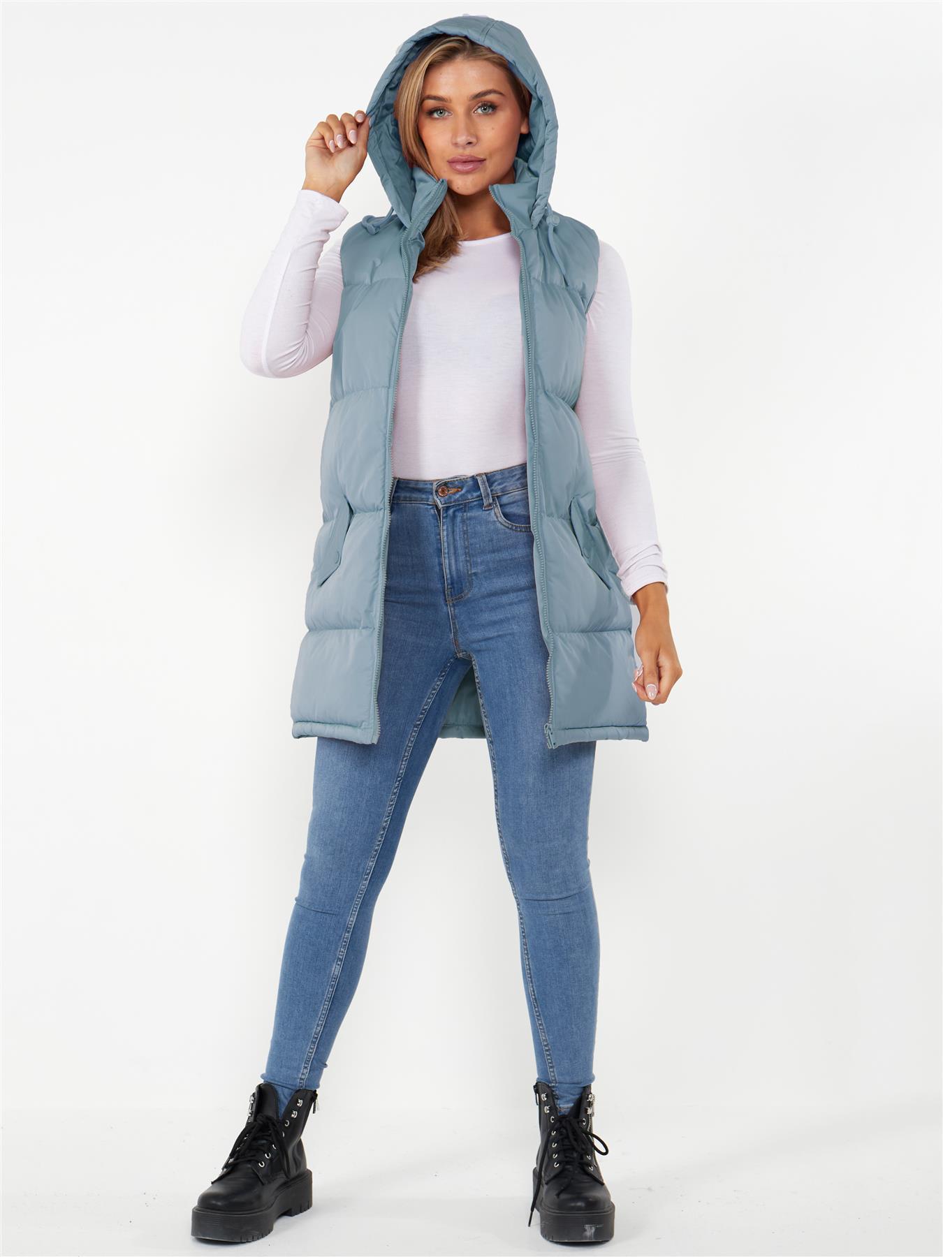 Ladies Hooded Puffer Gilet Jacket Long Line Womens Padded Top Winter Body Warmer - Picture 14 of 15